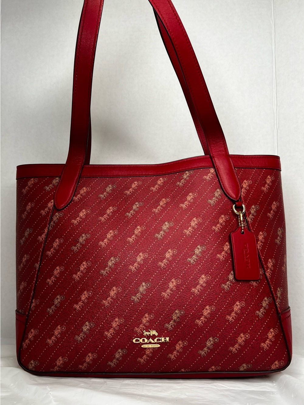 COACH HORSE AND CARRIAGE DOT PRINT RED LEATHER TOTE C4061